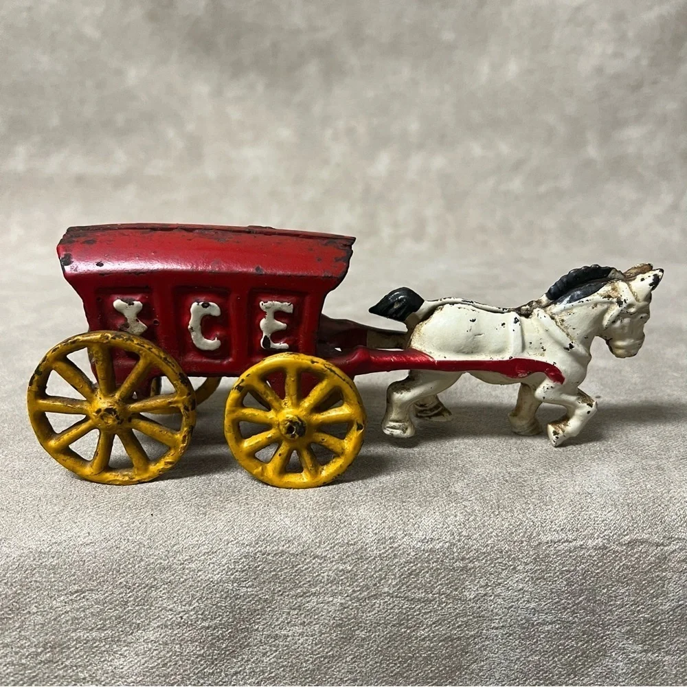 Toy Antique Cast Iron Horse Drawn Ice Wagon Red White  7.5x2x3 Inches